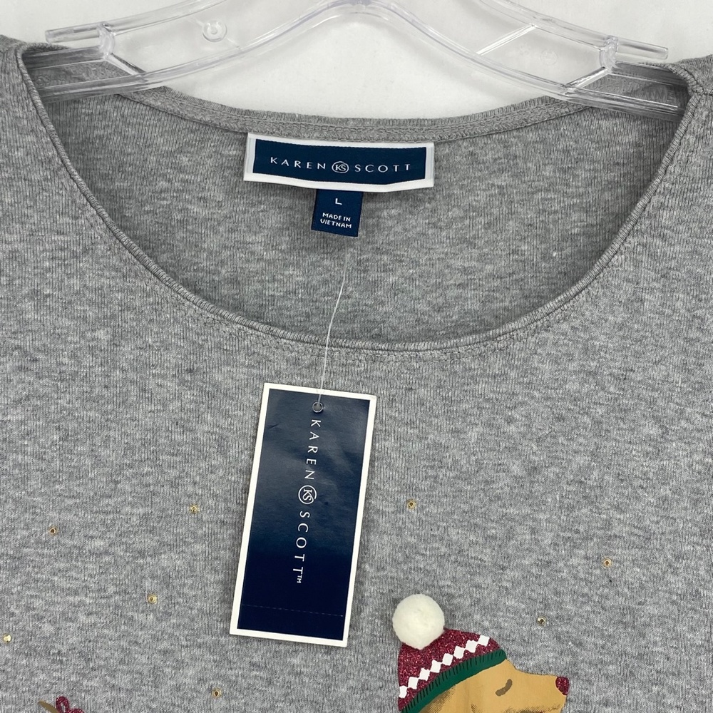 Karen Scott Womens Large Long Sleeve T-Shirt Gray Embellished Christmas Dog - Picture 5 of 9